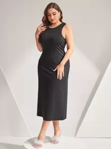 Modelyn Plus Size Solid Color Slim Fit Tank Dress And Tassel Decorated Cape Top 2pcs/Set - Black - View 5