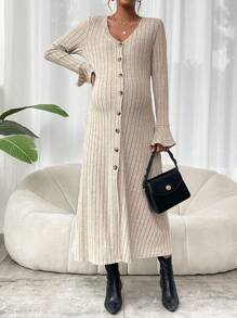 SHEIN Váy xòe tay loe cài nút cổ chữ V dành cho bà bầu - Màu be - Xem 3