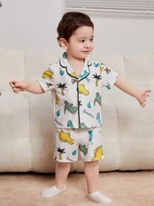 男嬰柔軟針織可愛恐龍圖案開襟衫上衣和短褲睡衣套裝兩件套 - 白色 - 查看 3