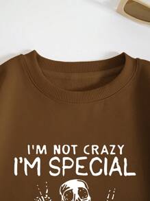 SHEIN EZwear Women'S Skull & Slogan Printed Fleece Hoodie - Coffee Brown - View 3