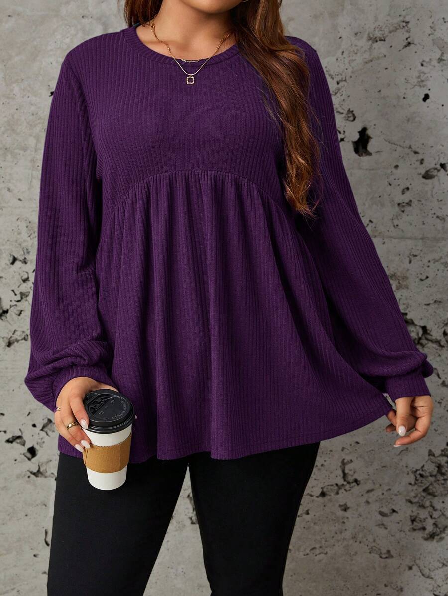 SHEIN LUNE Women's Plus Size Loose Fit Casual Round Neck T-Shirt, Solid Color Fall - Purple - View 1