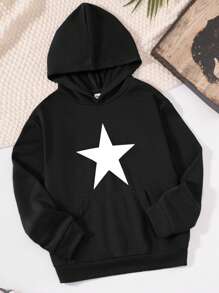 SHEIN 男孩寬鬆休閒連帽衫,帶星星圖案和下垂肩設計 - 黑色 - 查看 1