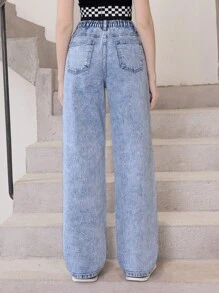 Lässige Und Modische Jeans Mit Geradem Bein Aus Gewaschenem Denim Mit Graffiti-print Für Teenager-mädchen