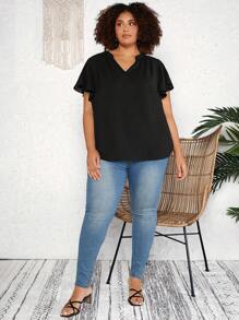 SHEIN CURVE+ Kích thước lớn Đường viền cổ có rãnh Tay áo loe Áo sơ mi - màu đen - Xem 5