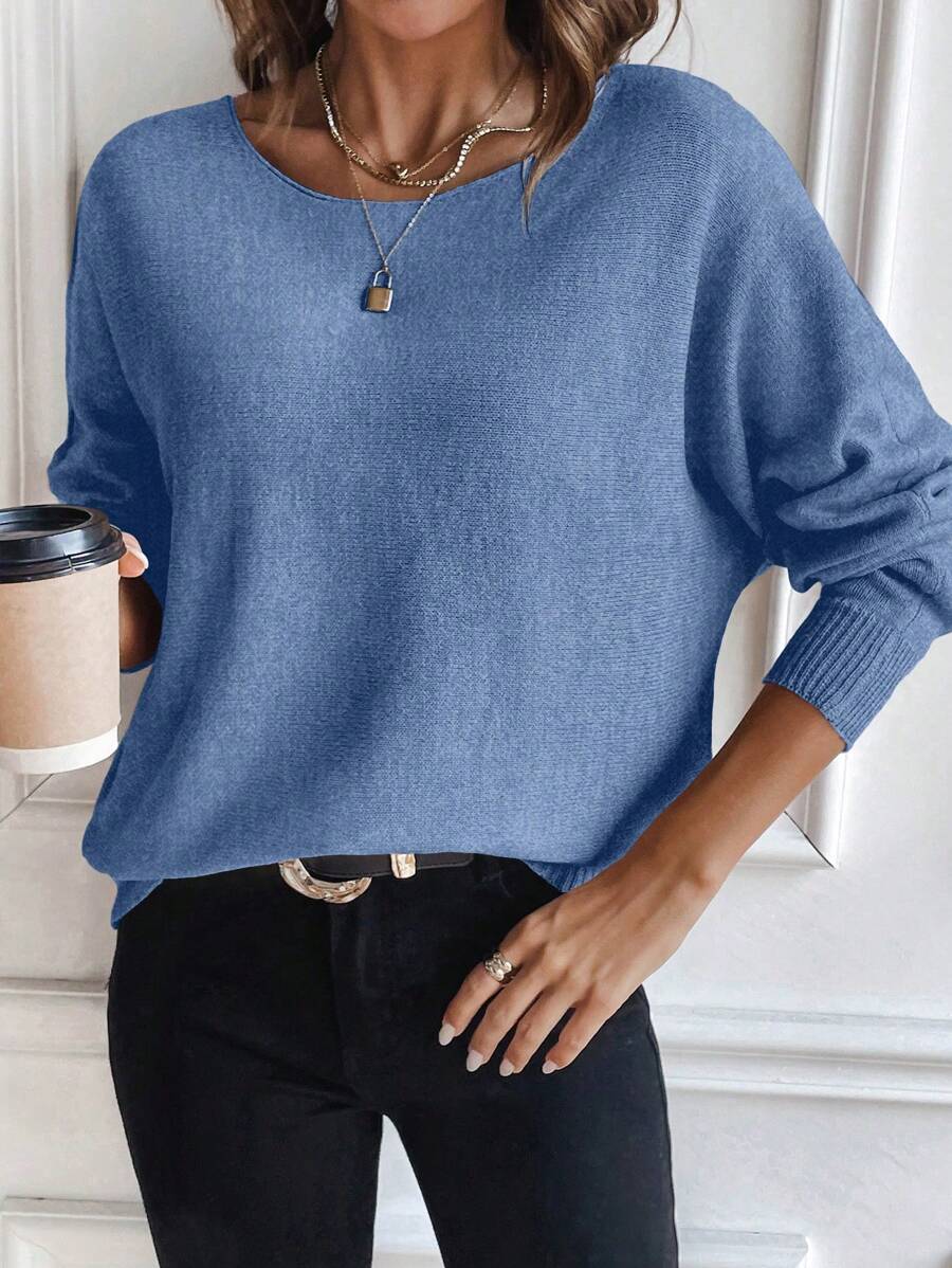 SHEIN LUNE Suéter de cuello redondo de manga larga de punto para otoño e invierno - Azul - Ver 1