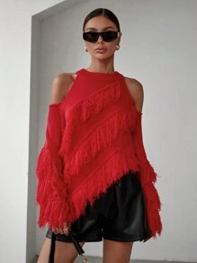 SHEIN LUNE Suéter feminino de tricô com ombros à mostra e franjas. Ideal para outono e inverno. - Vermelho - Ver 6