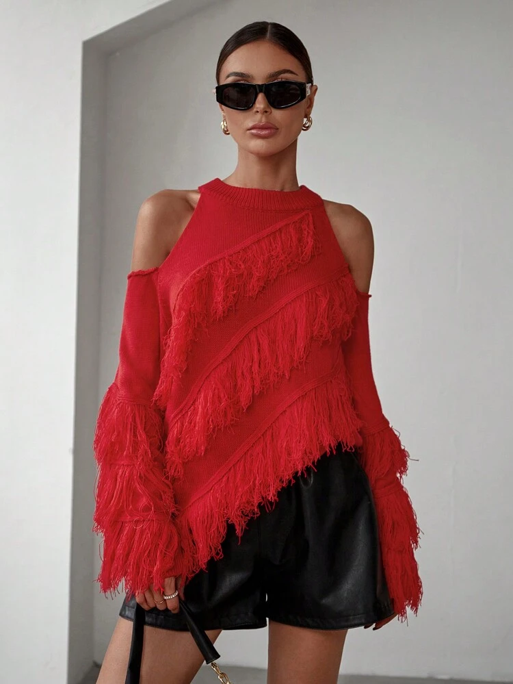 Women's Cold-Shoulder Tassel Knit Pullover Fall Winter Sweater