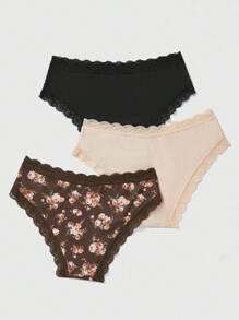 ROMWE 3入組蕾絲修飾的肋針三角褲