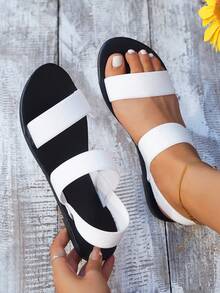 2023款夏季女士彈性帶仙女涼鞋,圓頭平底沙灘鞋,時尚潮流風格 - 白色 - 查看 6