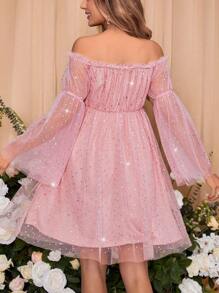 SHEIN Maternity Pink Off-shoulder Mesh Dress - Pink - View 2