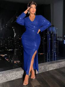 Cravure Kích thước lớn cổ áo xếp nếp Sáng bóng Đầm Với Cái nĩa cao - Màu xanh lam - Xem 5