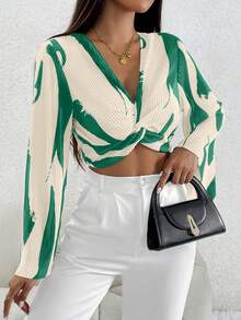 SHEIN PETITE 扭結細節泡泡袖短款上衣 - 綠色 - 查看 5