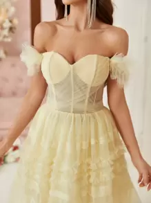 SHEIN Belle Off The Shoulder Back-Tied Cocktail Party Dress Vintage - Yellow - View 4
