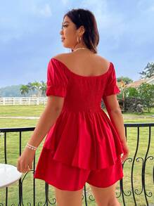 Flirla Plus Size Women'S Solid Color Off-Shoulder Pleated Jumpsuit For New Year Clothes - Red - View 2