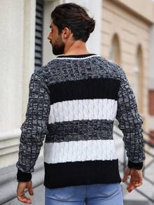 Manfinity EMRG 男士對比色扭繩針織毛衣 - 黑與白 - 查看 2