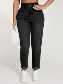 SHEIN PETITE 女款錐形牛仔褲，小碼女裝 - 黑色 - 查看 5