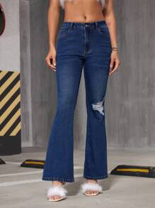 SHEIN Privé Women'S Flared Jeans With Distressed Details - Blue - View 1