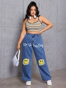 SHEIN EZwear 字母和臉部印花加磨損邊的大碼牛仔褲 - 中等水洗藍 - 查看 5