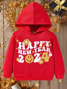 SHEIN 男童休闲新年快乐字母印花卫衣，适合秋冬季穿着 - 紅色 - 查看 1