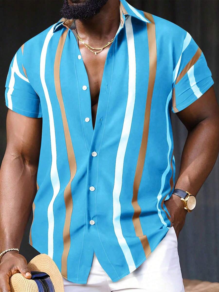 Manfinity Homme Hombres Camisa con estampado de rayas - Celeste - Ver 1
