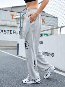 SHEIN Street Sport 印有字母的彈性腰運動褲 - 淺灰色 - 查看 7