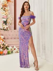 SHEIN Belle Side High Slit, Geometric Sequin Embellished Women's Evening Gown (Deluxe)