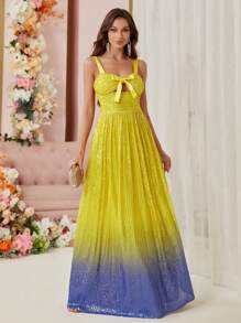 SHEIN Belle Elegant Romantic Multi-Color Gradient Fine Flash Hollow Bow Decorated Sequin A Pendulum Heavy Dress Dress