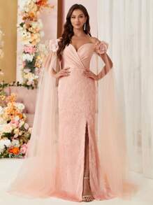 SHEIN Belle Manches Épaules Dénudées, Croix Sur La Poitrine, Sangle Arrière, Embellissement Floral 3d, Tissu Tulle Orné De Satin, Ourlet Fendu, Petit Train, Robe De Soirée - Vieux Rose - Voir 6