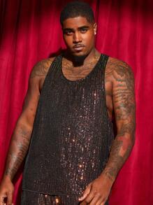 Manfinity VCAY Bộ quần áo ba lỗ đính sequin cỡ lớn dành cho nam - Vàng - Xem 5