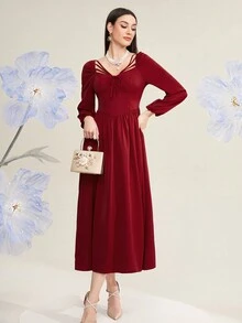 Modelyn Vestido de color rojo Burdeos de un solo color con diseño calado y cordones para damas - Burdeos - Ver 4