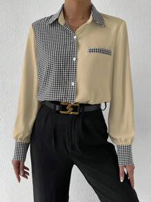 SHEIN Privé 女士拼接大腳紋長袖衣 - 杏色 - 查看 4