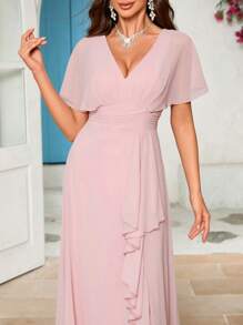 女士 V 领雪纺开衩伴娘服优雅连衣裙、生日女士服装、毕业礼服、正式礼服 - 粉色 - 查看 8