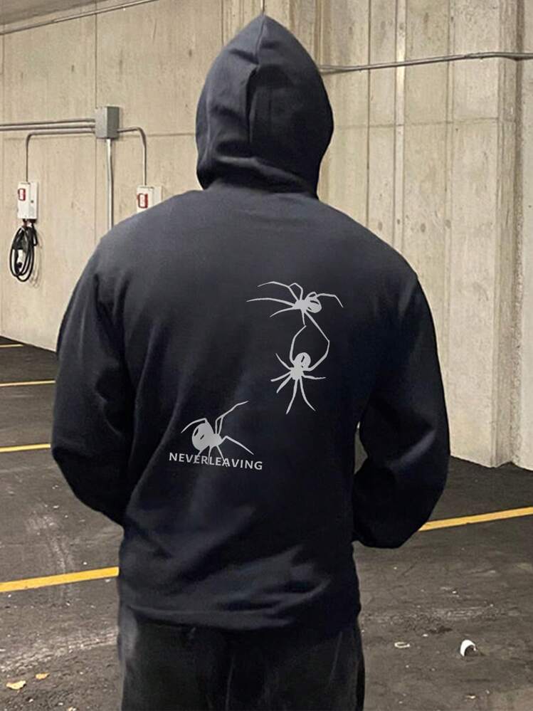 Men Letter And Spider Print Thermal Lined Drawstring Hoodie, For Halloween - Dark Grey - View 1