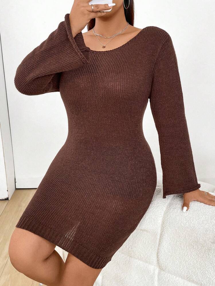 Plus Size Solid Color Skinny Sweater Dress With Flare Sleeves