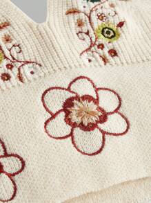 ROMWE Hippie Women's Floral Embroidery Halter Knit Top - Apricot - View 4