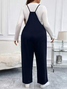 SHEIN LUNE 女士大碼純色肩帶連身褲 - 藏蓝色 - 查看 2