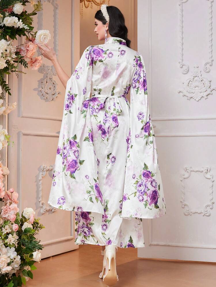 Women'S Floral Printed Dress With Extra Long Sleeves Long Evening Dresses