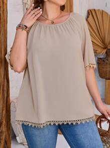 EMERY ROSE Rozmiar Plus Damski Sznurówka Patchwork Rękkaw Raglanowy Bluzki