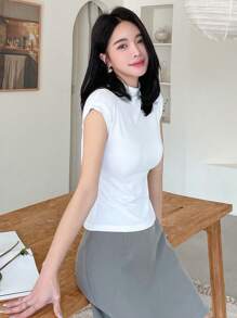 DAZY Màu thuần Đứng cổ áo Áo thun - trắng - Xem 5