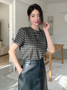 女士格紋圓領短袖t卹 - 黑色 - 查看 3