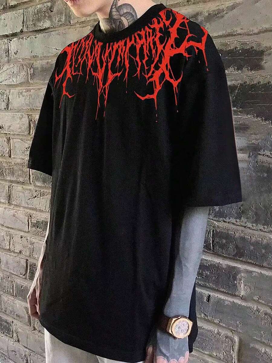 Manfinity Roghcode Áo thun nam tay ngắn in họa tiết, trang phục dạo phố, quà tặng bạn trai - màu đen - Xem 1