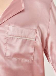 中小學女孩鎖骨翻領長袖上衣和長褲睡衣套裝 - 藕粉色 - 查看 5