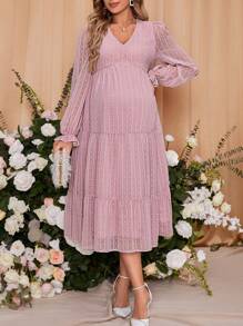 SHEIN Maternity Swiss Dot Ruffle Sleeve Dress - Pink - View 4