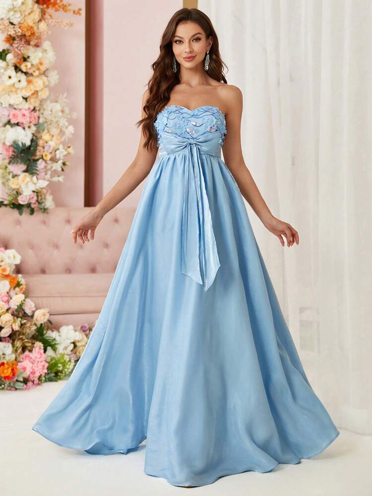 Women'S Evening Dress With Bow Knot On The Front Made Of Heavyweight Sequined Satin, Featuring 3d Flowers Embroidery And Glittering Surface