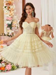 SHEIN Belle Off The Shoulder Back-Tied Cocktail Party Dress Vintage - Yellow - View 9