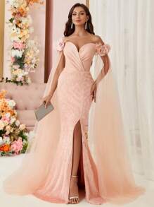 SHEIN Belle Manches Épaules Dénudées, Croix Sur La Poitrine, Sangle Arrière, Embellissement Floral 3d, Tissu Tulle Orné De Satin, Ourlet Fendu, Petit Train, Robe De Soirée - Vieux Rose - Voir 2