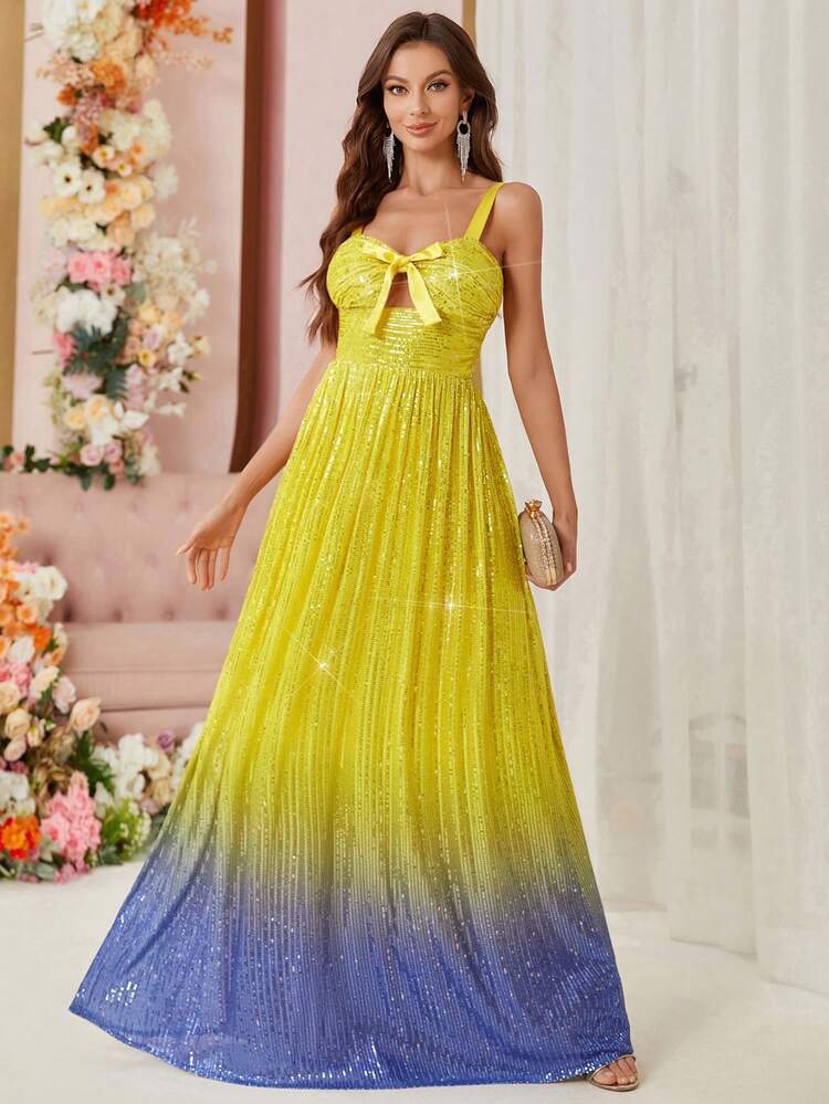 Elegant Romantic Multi-Color Gradient Fine Flash Hollow Bow Decorated Sequin A Pendulum Heavy Dress Dress