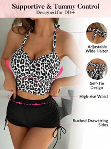 Swim DD+ Women's Leopard Print Halter Neck Bikini Set - Black and White - View 3
