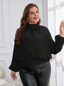 SHEIN Privé Women'S Plus Size Solid Color Round Neck Lantern Sleeve Blouse - Black - View 6