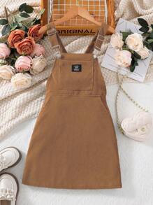 SHEIN 青少年女生用摩托車風格的灰色粗緯紋牛仔背帶裙，具有金屬扣細節 - 棕色 - 查看 4